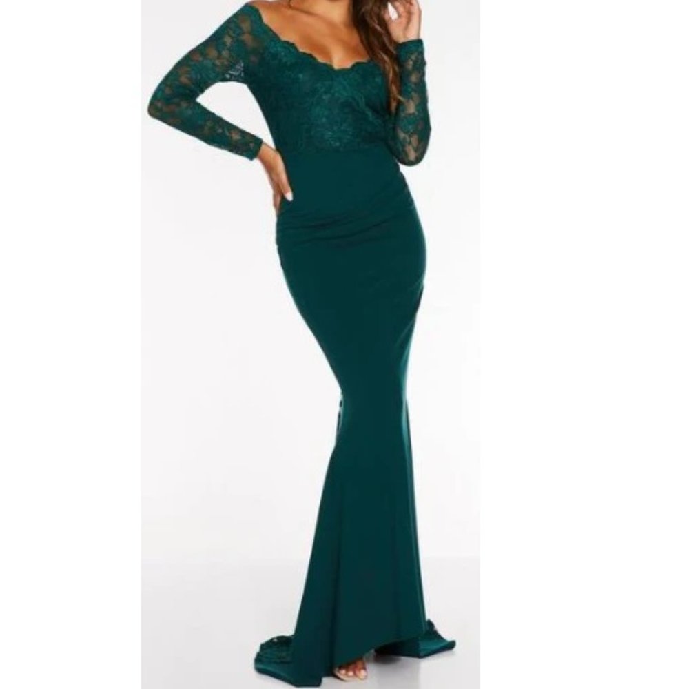 NEW QUIZ Green Bardot Lace Fishtail Gown Elegant Maxi Dress P342